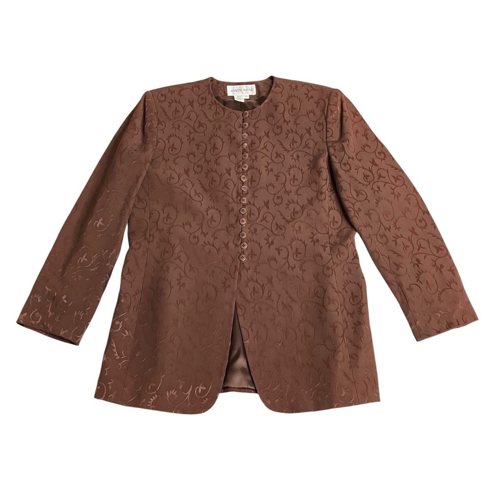 Vintage Jones Wear Blazer Jacket Women 14 Brown Floral Brocade Jacquard Longline